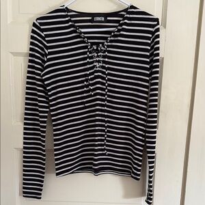 Reformation. Striped T with lace-up detail at neck. Medium.